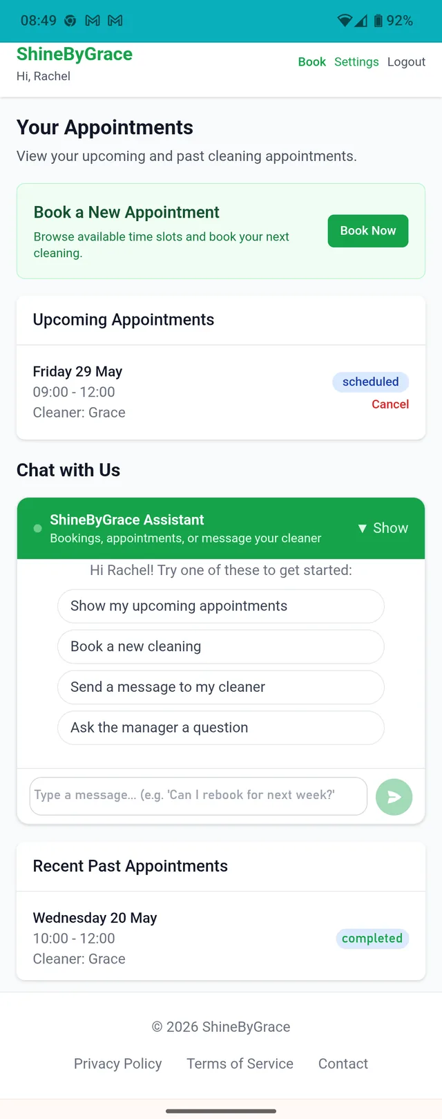 ShineByGrace customer app on a phone